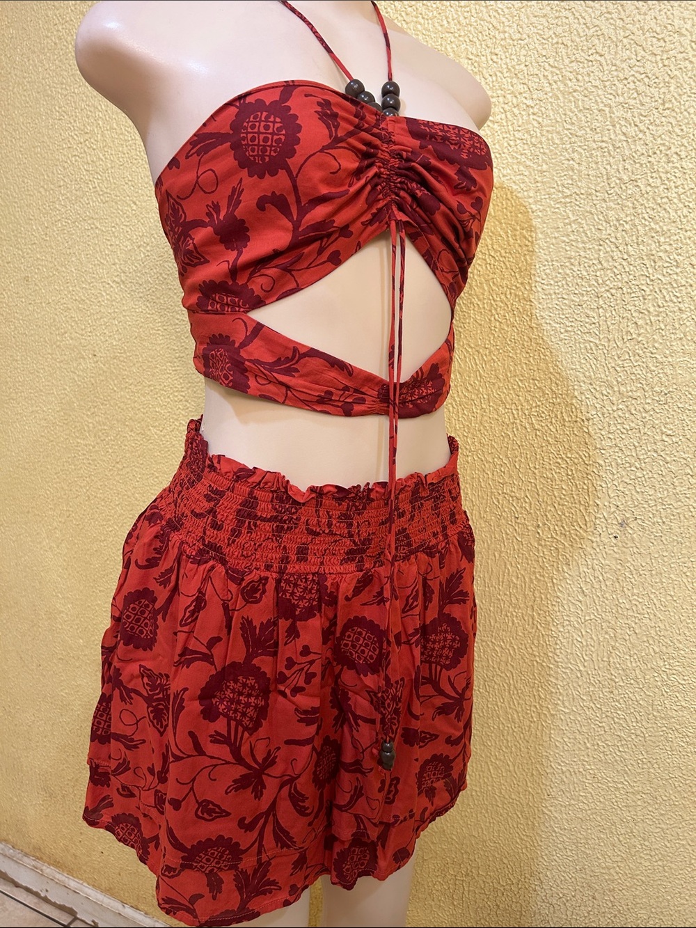 Anthropologie Rust Floral Cutout Bandeau Skirt Set - Picture 8 of 8
